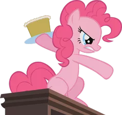 Size: 2528x2372 | Tagged: angry, artist:midnite99, cake, derpibooru import, food, holding, on hind legs, pinkie pie, safe, secret of my excess, simple background, solo, transparent background, vector