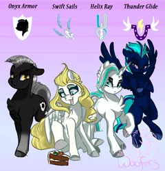 Size: 829x864 | Tagged: safe, artist:kittywoofers, derpibooru import, carrot cake, oc, oc:helix ray, oc:onyx armor, oc:swift sails, oc:thunder glide, earth pony, pegasus, unicorn, fanfic:crossing the trixie bridge, earth pony oc, fanfic art, horn, pegasus oc, solar guard, unicorn oc, wings