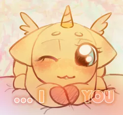 Size: 2168x2030 | Tagged: safe, artist:klooda, derpibooru import, oc, pegasus, pony, unicorn, advertisement, bed, blushing, commission, cute, female, heart, i love you, looking at you, lying, mare, one eye closed, smiling, solo, wink, ych example, your character here