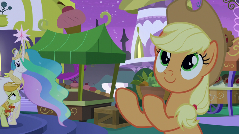 Size: 1920x1080 | Tagged: safe, derpibooru import, screencap, applejack, jonagold, marmalade jalapeno popette, princess celestia, earth pony, the summer sun setback, apple family member, applejack's hat, box, canterlot, cowboy hat, crown, cupcake, cute, cutelestia, food, grin, hat, hug, jackabetes, jewelry, lidded eyes, looking at each other, looking down, looking up, missing freckles, momlestia fuel, night, regalia, smiling, winghug