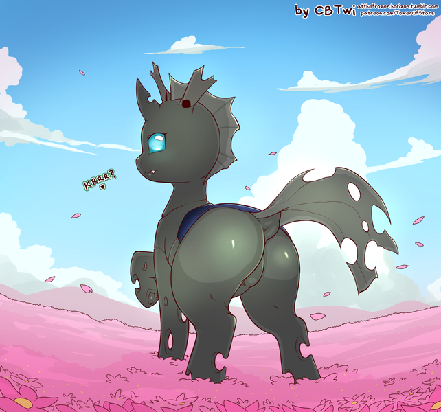 Size: 1622x1517 | Tagged: suggestive, artist:cold-blooded-twilight, derpibooru import, changeling, bugbutt, butt, cloud, dock, fangs, featureless crotch, field, flower, horn, looking at you, looking back, raised hoof, raised tail, tail, underhoof, vista