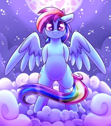 Size: 1500x1706 | Tagged: safe, artist:graphene, derpibooru import, rainbow dash, pegasus, pony, belly, bipedal, cloud, cute, dashabetes, female, floppy ears, full moon, looking at you, mare, moon, night, plump, sky, smiling, solo, starry night, stars