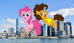 Size: 1800x1050 | Tagged: safe, artist:masem, artist:slb94, artist:theotterpony, derpibooru import, cheese sandwich, pinkie pie, earth pony, pony, building, city, cloud, duo, excited, female, giant pony, giantess, highrise ponies, irl, macro, male, manhattan, mare, new york city, photo, ponies in real life, raised hoof, scenery, sky, stallion, story included, water