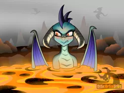 Size: 1280x960 | Tagged: angry, artist:discorsaurus, bath, bathing, cloud, cloudy, cute, cute when angry, derpibooru import, dragon, dragoness, dragon lands, dragon lord ember, embarrassed, emberbetes, female, folded wings, gritted teeth, horns, lava, lava bathing, princess ember, safe, solo, tsundember, tsundere, volcano, water, wings
