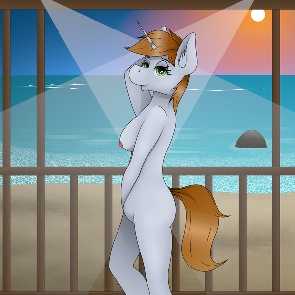 Size: 5000x5000 | Tagged: questionable, alternate version, artist:zeronitroman, derpibooru import, oc, oc:littlepip, unofficial characters only, anthro, unicorn, fallout equestria, breasts, commission, commissioner:rautamiekka, female, horn, mare, nipples, nudity, seaside, side view, solo, solo female, sun, tail, ych result