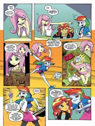 Size: 768x1024 | Tagged: safe, artist:pencils, derpibooru import, idw, fluttershy, rainbow dash, sunset shimmer, gerbil, equestria girls, spoiler:comic, spoiler:comicequestriagirlsmarchradness, ball, clothes, converse, faic, food, football, frightened, lip bite, lockers, pointing, preview, rainbow dash is best facemaker, sandwich, shoes, sports