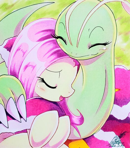 Size: 1808x2048 | Tagged: safe, artist:025aki, derpibooru import, fluttershy, meganium, pegasus, pony, blushing, cute, eyes closed, female, hug, mare, pokémon, smiling, traditional art