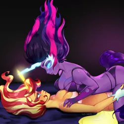 Size: 1280x1278 | Tagged: suggestive, artist:tawni-tailwind, derpibooru import, sci-twi, sunset shimmer, twilight sparkle, human, equestria girls, bedroom eyes, bra, breasts, busty sci-twi, busty sunset shimmer, busty twilight sparkle, clothes, daydream shimmer, female, glowing eyes, humanized, lesbian, lidded eyes, looking at each other, midnight sparkle, midnightdaydream, panties, scitwishimmer, shipping, sunsetsparkle, symmetrical docking, tailed humanization, underwear