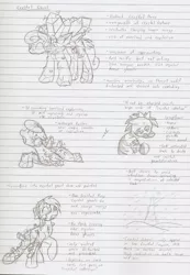 Size: 1027x1484 | Tagged: artist:ravenpuff, crystal, crystal pony, derpibooru import, fallout equestria, ghoul, lineart, lined paper, monochrome, oc, oc:haas, reference sheet, safe, solo, text, traditional art, undead, unofficial characters only, zebra, zebra oc