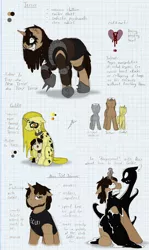Size: 842x1415 | Tagged: safe, artist:ravenpuff, deleted from derpibooru, derpibooru import, oc, oc:golden dancer, oc:noir, oc:terror, oc:tiny terror, unofficial characters only, pony, unicorn, fallout equestria, armor, beard, bored, clothes, collar, dappled, ear piercing, earring, eyeliner, facial hair, graph paper, grin, hoof shoes, jewelry, makeup, male, nose piercing, nose ring, piercing, raider, raised hoof, scared, security guard, smiling, stallion, symbiote, text