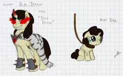 Size: 1076x662 | Tagged: alicorn amulet, artist:ravenpuff, bruised, collar, colt, curved horn, derpibooru import, duo, fangs, freckles, graph paper, horn, injured, leash, male, oc, oc:tiny terror, older, raider, reference sheet, safe, slave, slit eyes, sombra eyes, stallion, unofficial characters only