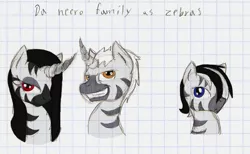 Size: 749x461 | Tagged: artist:ravenpuff, bedroom eyes, bust, colt, derpibooru import, female, graph paper, grin, horn, makeup, male, mare, oc, oc:melusine, oc:muujiza, red eyes, safe, smiling, species swap, stallion, text, unofficial characters only, zebra, zebracorn, zebrafied, zebra oc