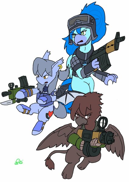 Size: 1451x2048 | Tagged: safe, alternate version, artist:omegapony16, derpibooru import, oc, oc:oriponi, unofficial characters only, bat pony, hippogriff, pony, armor, bat pony oc, bat wings, bayonet, colored, ear piercing, earring, female, gun, hippogriff oc, hoof hold, jewelry, mare, piercing, signature, simple background, soldier, weapon, white background, wings