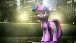 Size: 3840x2160 | Tagged: safe, artist:aryatheeditor, derpibooru import, sci-twi, twilight sparkle, unicorn, 3d, building, city, cityscape, cutie mark, glass, glasses, light, night, photo, rain, reflection, sidewalk, solo, source filmmaker, tree, wallpaper, wet