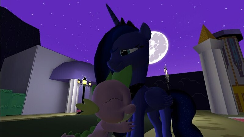 Size: 1024x575 | Tagged: safe, alternate version, artist:undeadponysoldier, derpibooru import, princess luna, spike, alicorn, pony, 3d, canterlot, female, gmod, male, mare, mare in the moon, moon, shipping, spikelove, spiluna, straight