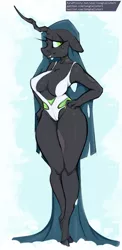 Size: 500x1024 | Tagged: suggestive, artist:longtailshort, derpibooru import, queen chrysalis, anthro, changeling, changeling queen, unguligrade anthro, breasts, busty queen chrysalis, cleavage, clothes, female, hands on hip, lidded eyes, looking at you, milf, one-piece swimsuit, reversalis, smiling, solo, swimsuit