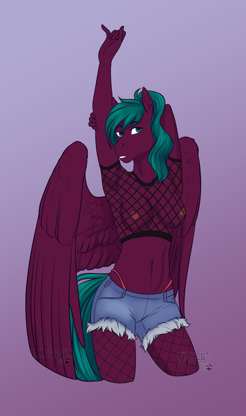 Size: 2429x4098 | Tagged: anthro, anthro oc, arm behind head, armpits, artist:blackblood-queen, breasts, clothes, derpibooru import, digital art, female, fishnets, mare, nipples, nudity, oc, oc:gretta curie, panties, pegasus, pegasus oc, questionable, shorts, solo, solo female, thong, underwear, unguligrade anthro, unofficial characters only, wings