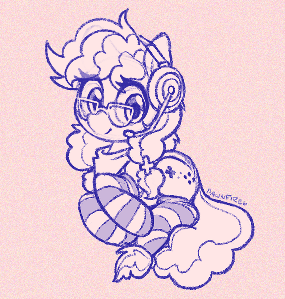 Size: 634x665 | Tagged: safe, artist:dawnfire, derpibooru import, oc, oc:cinnabyte, unofficial characters only, earth pony, pony, adorkable, clothes, cute, doodle, dork, gaming headset, glasses, headset, monochrome, patreon, patreon reward, smiling, socks, solo, striped socks