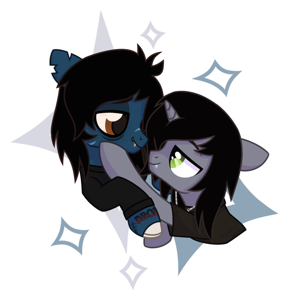 Size: 1741x1753 | Tagged: safe, artist:petrrruse4ka, derpibooru import, ponified, ponified:kellin quinn, ponified:oliver sykes, pony, undead, unicorn, zombie, zombie pony, abstract background, bedroom eyes, bloodshot eyes, blushing, bone, bring me the horizon, bust, clothes, colored pupils, commission, disguise, disguised siren, fangs, floppy ears, gay, horn, hug, jewelry, lip piercing, looking at each other, male, necklace, piercing, scar, shirt, simple background, sleeping with sirens, slit eyes, stallion, stitches, t-shirt, tattoo, torn ear, white background, ych result