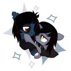 Size: 1741x1753 | Tagged: safe, artist:petrrruse4ka, derpibooru import, ponified, ponified:kellin quinn, ponified:oliver sykes, pony, undead, unicorn, zombie, zombie pony, abstract background, bedroom eyes, bloodshot eyes, blushing, bone, bring me the horizon, bust, clothes, colored pupils, commission, disguise, disguised siren, fangs, floppy ears, gay, horn, hug, jewelry, lip piercing, looking at each other, male, necklace, piercing, scar, shirt, simple background, sleeping with sirens, slit eyes, stallion, stitches, t-shirt, tattoo, torn ear, white background, ych result