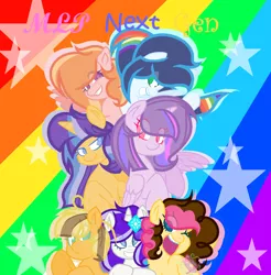 Size: 1200x1220 | Tagged: safe, artist:emeraldjeweltm, artist:sparkleheartyrose24, derpibooru import, oc, oc:apple aurora, oc:diamond star, oc:lightning blaze, oc:lizzie apple, oc:party blow, oc:sparkling starsky, oc:speed star, unofficial characters only, alicorn, earth pony, pegasus, pony, unicorn, alicorn oc, base used, colored pupils, earth pony oc, eye clipping through hair, female, horn, offspring, parent:applejack, parent:big macintosh, parent:caramel, parent:cheese sandwich, parent:fancypants, parent:flash sentry, parent:fluttershy, parent:pinkie pie, parent:rainbow dash, parent:rarity, parent:soarin', parent:twilight sparkle, parents:carajack, parents:cheesepie, parents:flashlight, parents:fluttermac, parents:raripants, parents:soarindash, pegasus oc, rainbow background, starry background, stars, unicorn oc, wings