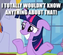 Size: 871x767 | Tagged: alicorn, amending fences, blatant lies, caption, cropped, derpibooru import, edit, edited screencap, image macro, meme, safe, screencap, shrug, solo focus, text, twilight sparkle, twilight sparkle (alicorn)