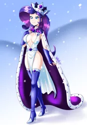 Size: 3132x4500 | Tagged: suggestive, artist:danmakuman, derpibooru import, princess platinum, rarity, equestria girls, absolute cleavage, beautiful, boots, breasts, busty rarity, cleavage, clothes, crown, dress, female, hearth's warming eve, high heel boots, high res, human coloration, jewelry, regalia, sexy, shoes, side slit, solo, solo female, stupid sexy rarity, thigh boots, white dress