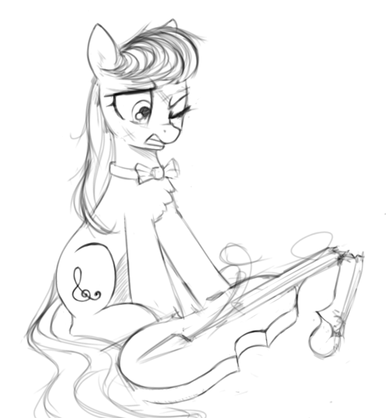 Size: 792x858 | Tagged: safe, artist:some_ponu, derpibooru import, octavia melody, earth pony, pony, black and white, bowtie, broken, cello, chest fluff, female, grayscale, gritted teeth, mare, monochrome, musical instrument, one eye closed, sitting, sketch, solo