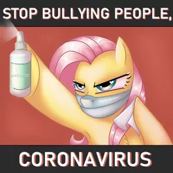 Size: 2894x2894 | Tagged: safe, artist:ericsson, derpibooru import, fluttershy, pegasus, pony, angry, armpits, bully, bullying, coronavirus, covid-19, female, hoof hold, medicine, napkin, people, serious, serious face, solo, stop, surgical mask, wet napkin, wingding eyes