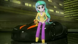 Size: 3840x2160 | Tagged: safe, artist:aryatheeditor, derpibooru import, princess celestia, sunset shimmer, pony, unicorn, equestria girls, 3d, bugatti, bugatti chiron, car, looking at you, pet, photo, principal celestia, sitting, source filmmaker, vehicle