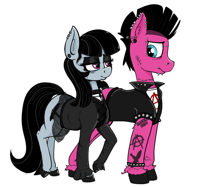 Size: 3876x3543 | Tagged: safe, artist:paskanaakka, derpibooru import, oc, oc:goth lass, oc:punk dude, unofficial characters only, earth pony, pony, anarchy, bags under eyes, bridge piercing, choker, clothes, commission, dyed mane, dyed tail, ear fluff, ear piercing, earring, eyebrow piercing, eyeliner, eyeshadow, father, female, frown, gauges, gem, goth, husband and wife, jacket, jewelry, leather jacket, lidded eyes, lip piercing, long sleeves, looking at each other, makeup, male, mare, mohawk, mother, nose piercing, piercing, punk, safety pin, shipping, shirt, simple background, skirt, sleeveless, smiling, snake bites, stallion, standing, straight, studded bracelet, t-shirt, tail band, tattoo, transparent background, transparent skirt, undershirt, unshorn fetlocks