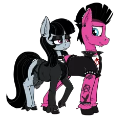 Size: 3876x3543 | Tagged: safe, artist:paskanaakka, derpibooru import, oc, oc:goth lass, oc:punk dude, unofficial characters only, earth pony, pony, anarchy, bags under eyes, bridge piercing, choker, clothes, commission, dyed mane, dyed tail, ear fluff, ear piercing, earring, eyebrow piercing, eyeliner, eyeshadow, father, female, frown, gauges, gem, goth, husband and wife, jacket, jewelry, leather jacket, lidded eyes, lip piercing, long sleeves, looking at each other, makeup, male, mare, mohawk, mother, nose piercing, piercing, punk, safety pin, shipping, shirt, simple background, skirt, sleeveless, smiling, snake bites, stallion, standing, straight, studded bracelet, t-shirt, tail band, tattoo, transparent background, transparent skirt, undershirt, unshorn fetlocks