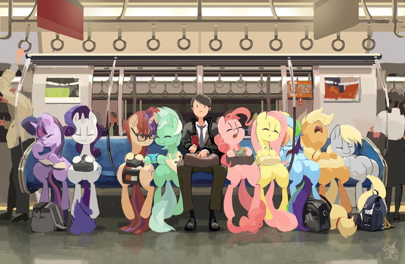 Size: 4045x2638 | Tagged: safe, artist:cottonbudfilly, derpibooru import, applejack, derpy hooves, fluttershy, lyra heartstrings, moondancer, pinkie pie, rainbow dash, rarity, twilight sparkle, alicorn, earth pony, human, pegasus, unicorn, backpack, brony, eyes closed, female, male, mane six, mare, open mouth, sleeping, subway trains