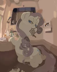 Size: 2485x3155 | Tagged: suggestive, artist:cottonbudfilly, derpibooru import, rarity, unicorn, bathroom, condom, condom in mouth, fisheye lens, looking at you, looking back, looking back at you, mouth hold