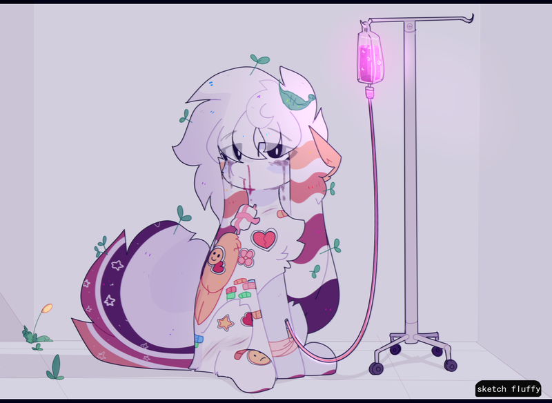 Size: 1700x1240 | Tagged: semi-grimdark, artist:little-sketches, derpibooru import, oc, oc:sketch fluffy, unofficial characters only, pegasus, pony, bandage, blood, chest fluff, female, floppy ears, flower, folded wings, hospital, injured, intravenous, leaves, leg fluff, looking at you, mare, nosebleed, sitting, solo, sticker, teary eyes, tube, wings