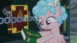 Size: 1920x1080 | Tagged: book, bookshelf, canterlot, canterlot library, chains, cozybetes, cozy glow, cute, derpibooru import, female, flying, hoof hold, library, safe, screencap, scroll, smiling, solo, the summer sun setback