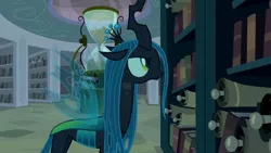 Size: 1920x1080 | Tagged: book, bookshelf, canterlot, canterlot library, changeling, crown, derpibooru import, evil planning in progress, female, former queen chrysalis, frown, hourglass, insect wings, intruder, jewelry, library, queen chrysalis, regalia, safe, screencap, scroll, searching, side view, sin of greed, solo, spread wings, the summer sun setback, wings