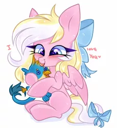 Size: 3640x3976 | Tagged: safe, artist:pesty_skillengton, derpibooru import, gallus, oc, oc:bay breeze, pegasus, pony, blushing, bow, chibi, cute, female, hair bow, heart eyes, image, jpeg, mare, missing cutie mark, plushie, simple background, tail bow, tongue out, white background, wingding eyes