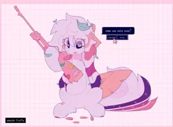 Size: 1952x1440 | Tagged: safe, artist:little-sketches, derpibooru import, oc, oc:sketch fluffy, pegasus, pony, bandaid, bolt-action rifle, candy, chest fluff, eye clipping through hair, female, food, gun, heart, leaf, mouse cursor, plant, rifle, smiley face, sniper rifle, spanish, speech bubble, weapon, wingding eyes