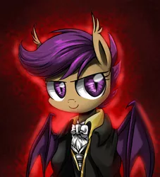 Size: 2000x2200 | Tagged: safe, artist:ce2438, derpibooru import, scootaloo, bat pony, pony, alucard, alucard (castlevania), bat ponified, bust, castlevania, castlevania: symphony of the night, clothes, crossover, cute, female, filly, looking at you, portrait, race swap, scootabat, slit eyes, smiley face, solo