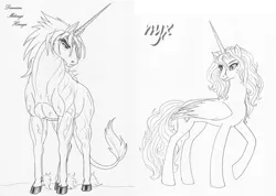 Size: 1751x1250 | Tagged: safe, artist:leovictor, derpibooru import, oc, oc:damian mitsugi hiraga, oc:nyx, unofficial characters only, alicorn, hybrid, pony, unicorn, alicorn oc, female, horn, male, monochrome, muscles, oc x oc, older, shipping, simple background, straight, unshorn fetlocks, vein, vein bulge, white background, wings