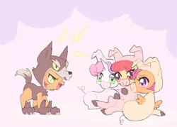 Size: 500x357 | Tagged: safe, artist:kkmrarar, derpibooru import, apple bloom, babs seed, scootaloo, sweetie belle, earth pony, pegasus, pig, pony, unicorn, wolf, one bad apple, adorababs, adorabloom, animal costume, clothes, costume, cute, cutealoo, cutie mark crusaders, diasweetes, female, filly, pig costume, wolf costume
