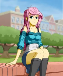 Size: 1650x1961 | Tagged: safe, artist:cluvry, derpibooru import, fluttershy, equestria girls, building, clothes, grass, park, sitting, smiling, solo, tree