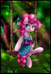 Size: 1183x1700 | Tagged: safe, artist:kruszyna25, derpibooru import, pinkie pie, butterfly, earth pony, semi-anthro, book, clothes, crepuscular rays, crossed legs, digital art, dress, female, forest, happy, mare, solo, swing