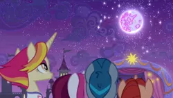 Size: 1920x1080 | Tagged: safe, derpibooru import, screencap, cayenne, fire flare, hot streak, night fire, pony, unicorn, the summer sun setback, canterlot, female, grin, looking up, male, mare, moon, night, smiling, sparkles, stage, stallion