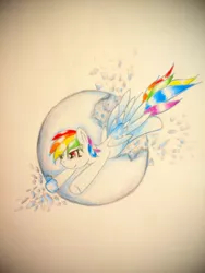 Size: 1920x2560 | Tagged: safe, artist:stardust0130, derpibooru import, rainbow dash, pegasus, pony, broken, female, flying, mare, shattered, simple background, solo, sphere, traditional art, wings