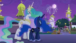 Size: 1920x1080 | Tagged: safe, derpibooru import, screencap, princess celestia, princess luna, alicorn, pony, the summer sun setback, canterlot, crown, duo, duo female, female, fireworks, folded wings, grin, jewelry, looking up, moon, night, regalia, siblings, sisters, smiling, tree, wings