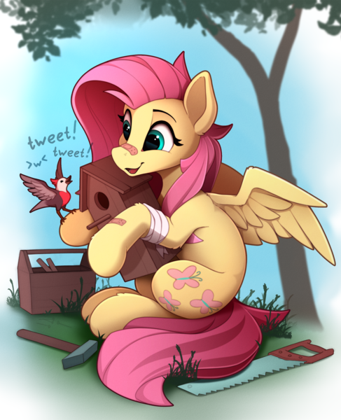 Size: 1835x2260 | Tagged: safe, artist:yakovlev-vad, derpibooru import, fluttershy, bird, pegasus, pony, >w<, bandage, bandaid, bird house, cute, ear fluff, female, hammer, happy, leg fluff, mare, open mouth, saw, shyabetes, sitting, solo, toolbox, tools, tree