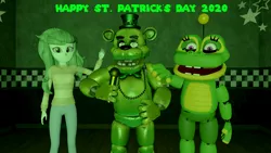 Size: 3840x2160 | Tagged: safe, artist:optimussparkle, derpibooru import, wallflower blush, frog, equestria girls, 3d, crossover, five nights at freddy's, freddy fazbear, freddy fazbear's pizzeria simulator, happy frog, holiday, saint patrick's day, shamrock, shamrock freddy, source filmmaker