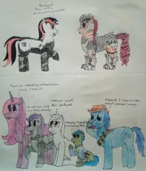 Size: 2333x2725 | Tagged: safe, artist:überreaktor, derpibooru import, oc, oc:blackjack, oc:boo, oc:lacunae, oc:morning glory (project horizons), oc:p-21, oc:rampage, oc:scotch tape, alicorn, earth pony, pegasus, pony, unicorn, fallout equestria, fallout equestria: project horizons, artificial alicorn, augmented, blank, clothes, comic, cyber legs, desperado hat, enclave uniform, fanfic art, female, filly, grenade, horn, purple alicorn (fo:e), raider painspike armor, reaction, small horn, talking, text, tools, traditional art, two toned mane, varying degrees of want, vault suit